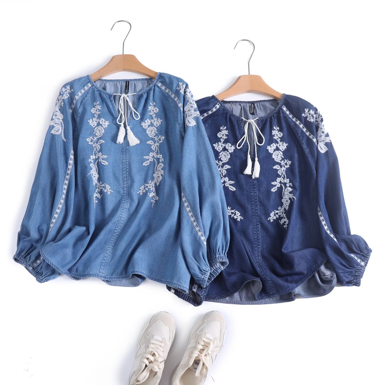 Women Denim Blouse Top Flower  - Tassel Fringe Trim review and price