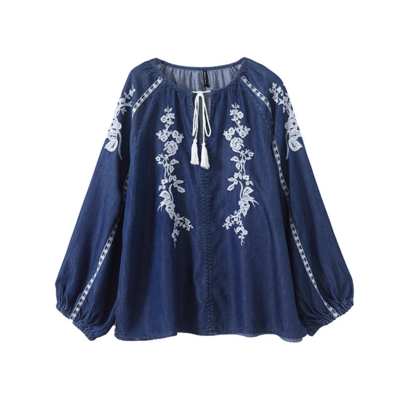Women Denim Blouse Top Flower  - Tassel Fringe Trim review and price
