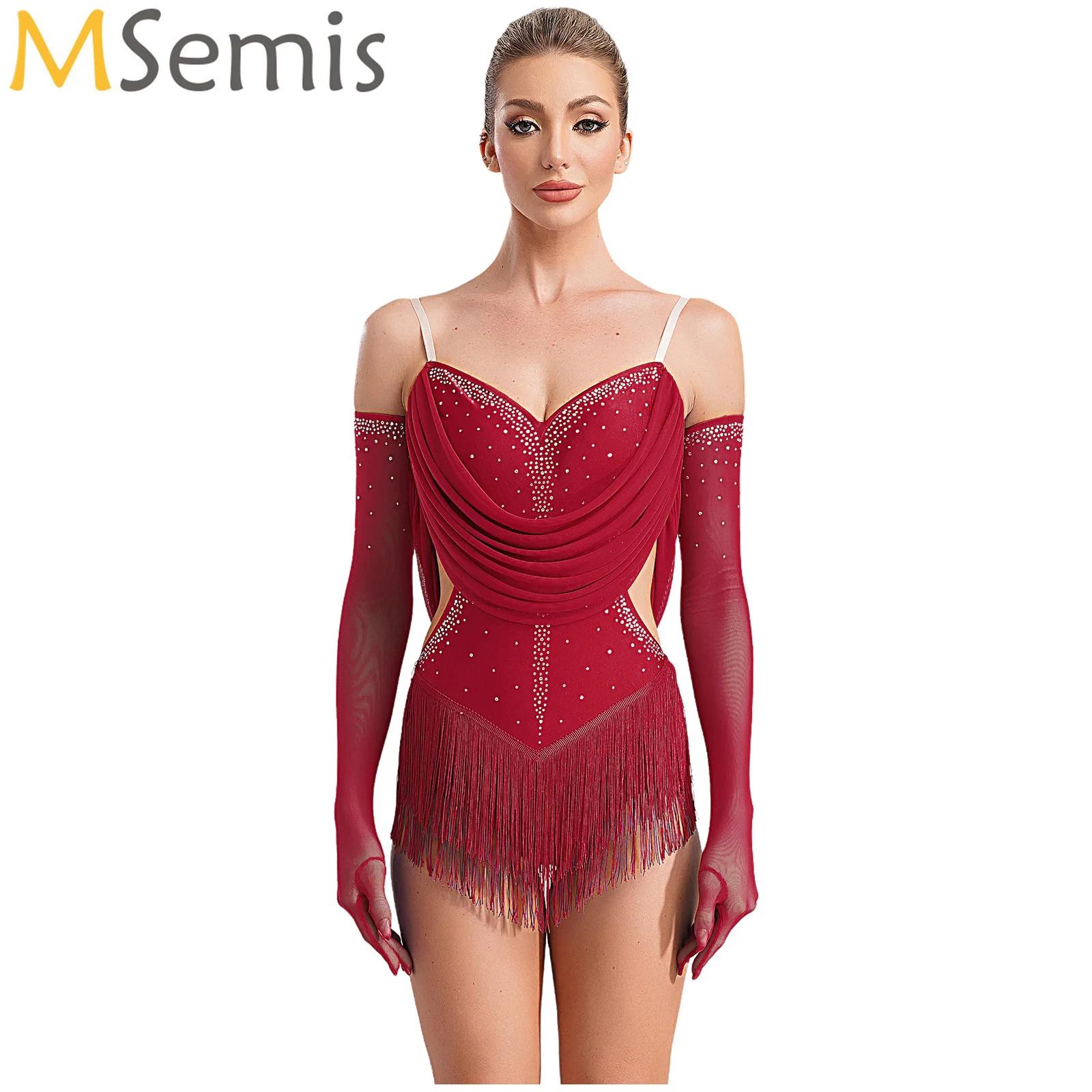 Women Ruched Mesh Tassel Latin - Rhinestone Banding Trim review and price